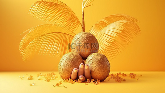 阳光明媚的黄色背景上带有椰子的棕榈树的夏日氛围 3D 渲染
