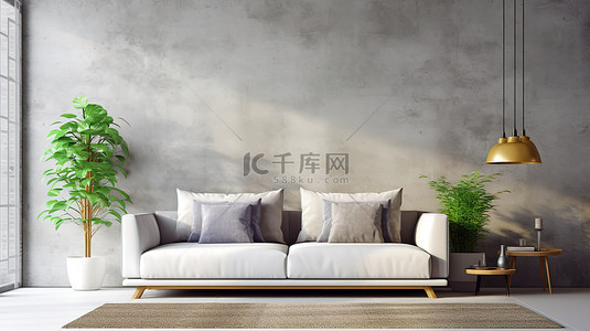 灰色背景背景图片_现代客厅配有别致的灰色沙发和简约的混凝土墙模型 3D 图像