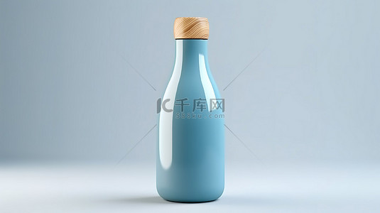白色保健品背景图片_带木帽的当代蓝色瓶子的白色背景 3D 渲染
