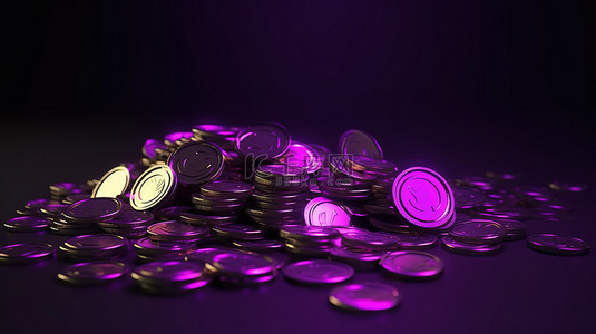 金钱图标背景图片_运动中的硬币发光的紫色背景，带有 3D 渲染的硬币图标符号