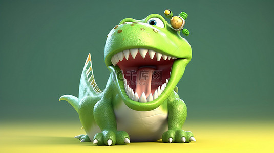 霸王龙可爱背景图片_有趣的 3D 恐龙卡通抓着一颗大牙齿