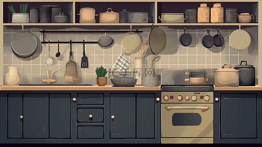 家电厨房背景图片_厨房褐色柜子灶台卡通