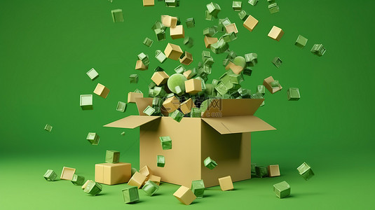 运送包裹的浮动绿色背景纸箱的 3D 渲染