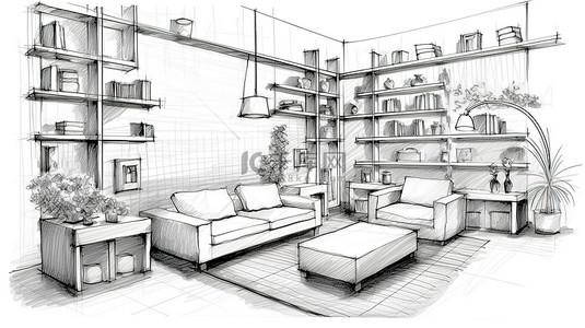 家居手绘背景图片_当代客厅墙单元手绘草图和 3D 效果图
