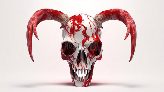 水墨动物背景图片_带有红色油漆污点的动物头骨的 3d 插图