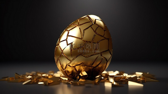 惊喜背景图片_破裂的金复活节彩蛋的 3D 渲染是一份豪华的惊喜礼物