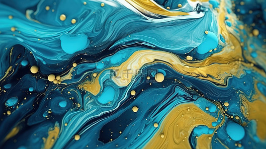 蓝色大理石丙烯酸流体纹理与金色飞溅的 3D 插图