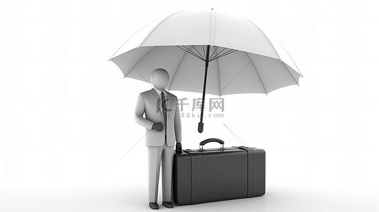 3d 专业人士在白色背景下与公文包和雨伞保持平衡
