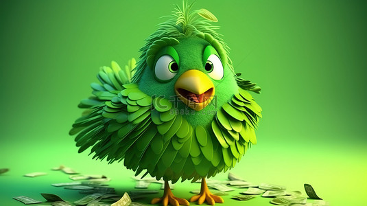充满活力的绿鸟的俏皮 3D 插图