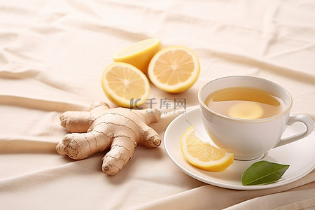 暴打柠檬茶背景图片_一杯茶，加柠檬和姜，放在白布上