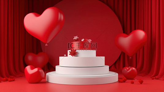浪漫的情人节展示，以 3D 呈现的充满活力的红色背景上的礼品盒和心形气球为特色