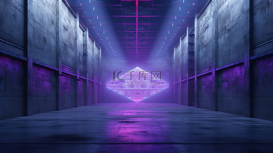 用紫色和蓝色霓虹灯照明的脏工业混凝土建筑内部的 3D 渲染