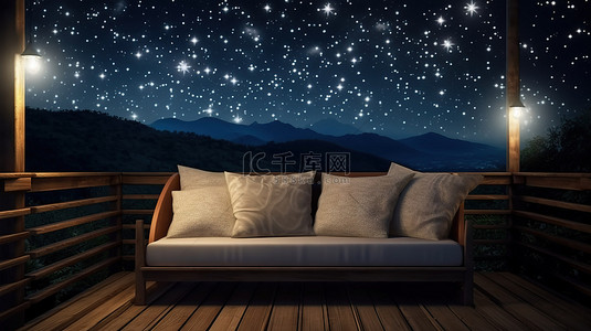 木甲板上的户外沙发的夜空景观，小星星在黑森林中闪闪发光 3D 插图