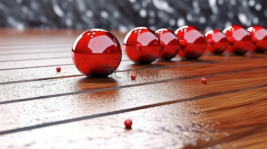 圣诞快乐红背景图片_迷人的冬季喜悦木质背景上特写红球和冰柱的豪华 3D 插图