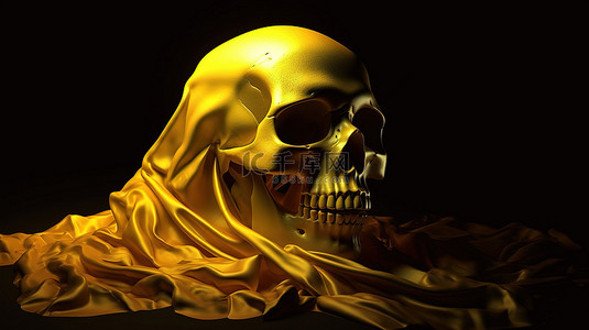万圣节主题 3D 插图，隐藏在鲜艳的黄色布下的头骨