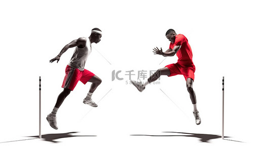 男运动员在白色背景下展示 3D 跳高技术