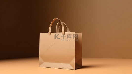 3d 渲染的棕色背景上的简单购物袋样机纸板袋