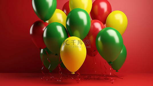 漂浮在黄色背景上的红色和绿色气球的圣诞贺卡模板 3d 渲染