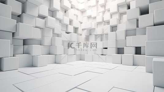 堆叠在墙壁和地板上的未来派白色立方体盒子 3D 渲染设计艺术