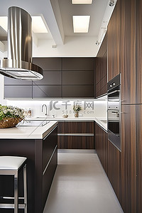 现代厨房配有室内设计的深色木质橱柜