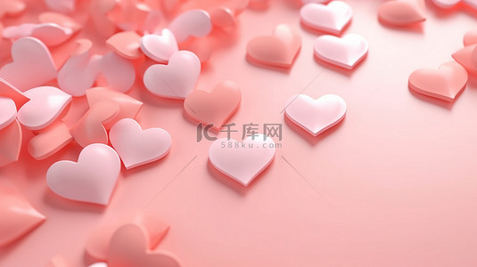 柔和的粉红色心抽象背景与贺卡海报或情人节 3D 渲染的心