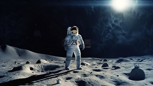 宇航员探索月球表面天文学和科学的 3D 渲染
