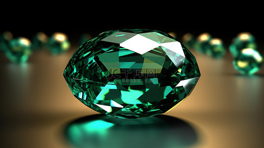 反光背景上辐射绿色祖母绿钻石的 3D 渲染