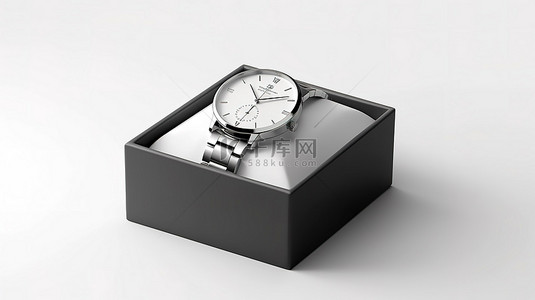 优雅的复古男式银色手表，带白色背景 3D 渲染礼品盒