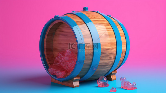 蜂蜜产品背景图片_粉红色背景下蓝色木质天然有机蜂蜜桶的双色调风格渲染