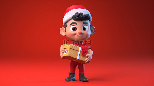 节日送货人员可爱的圣诞老人快递员收到包裹 3D 渲染角色