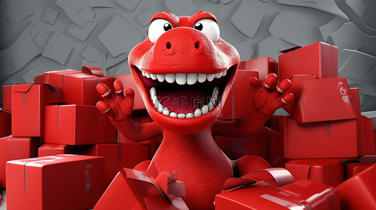 可爱的 3D 红色恐龙，顽皮地笑着抓着盒子