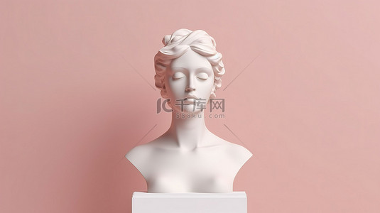 米色和白色背景上女性半身雕像和讲台的简约未来派 3D 渲染