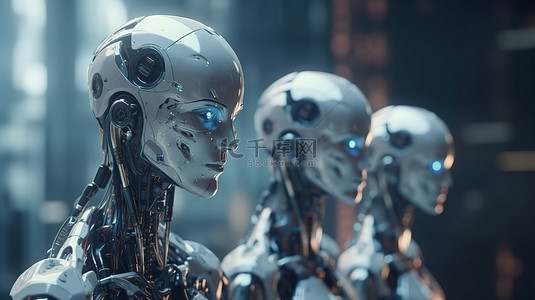 在未来主义背景下以 3D 渲染描绘的一群男性和女性机器人
