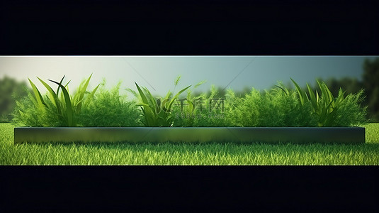 天然草地背景上的一组绿草横幅，通过植物生长的 3D 渲染捕捉春夏之美