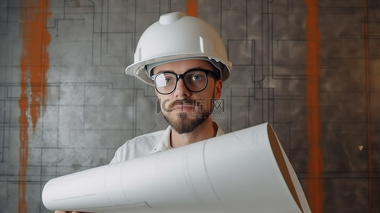 3D模型建筑师戴着白色头盔，带着管子和眼镜携带文件