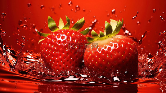 红色背景上溅水与美味草莓的 3D 插图