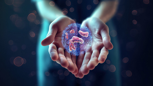 健康背景图片_3d 用医生的手渲染肠道健康肠道细菌的微生物组概念
