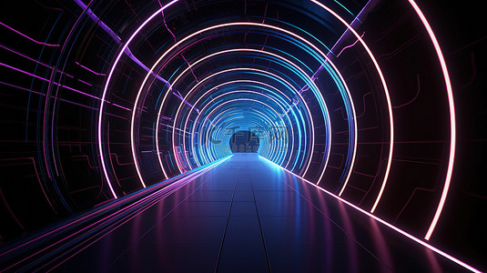 具有发光霓虹灯圆门和线条的抽象虚拟现实隧道