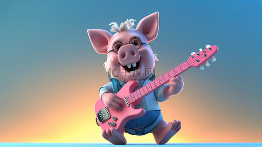 摇滚明星猪的俏皮 3D 卡通描绘