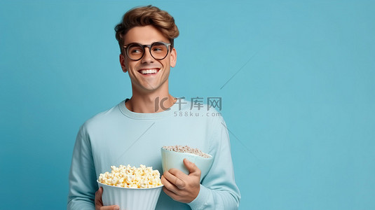 幸福的男人喜欢 3D 电影，爆米花在浅蓝色背景上摆出相机姿势，有空间添加文字