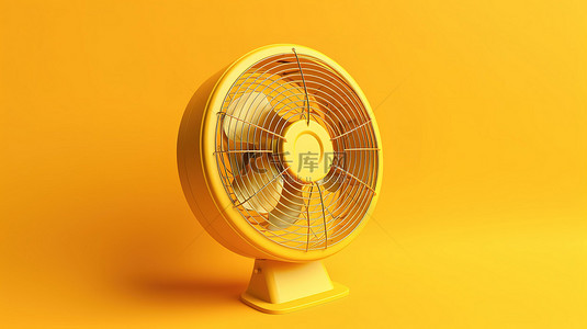 黄色背景上的夏季热风扇 3D 插图