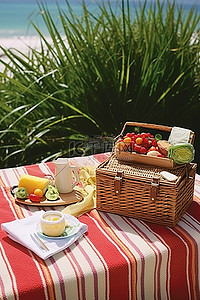 佛罗里达州南部的一次户外野餐，配有毛巾和木凳旁边的海滩梳理篮