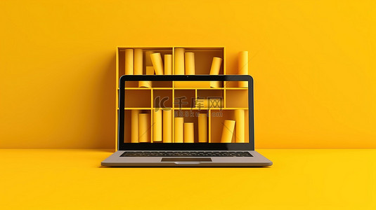 笔记本电脑场景背景图片_带有笔记本电脑的黄色架子背景的 3D 插图