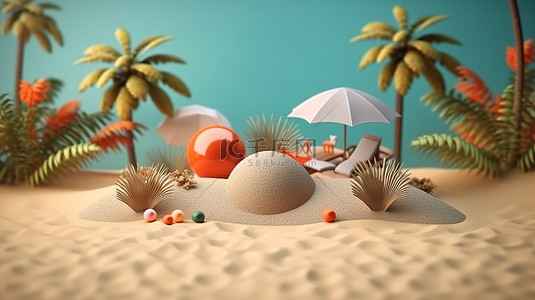 热带沙滩卡通背景图片_热烈欢迎夏天 3D 渲染的海滩景观和沙滩海岸线插图