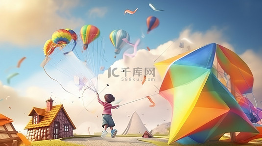 充满活力的 3D 插图故事书背景中放风筝的孩子