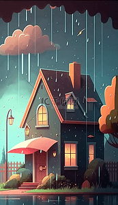 房子马路雨点雨滴云朵下雨天气卡通背景
