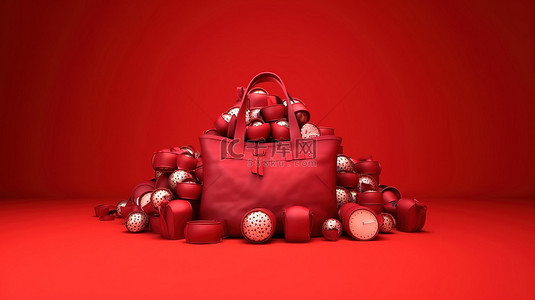红色背景圣诞袋的 3D 渲染，里面装满了红色礼物