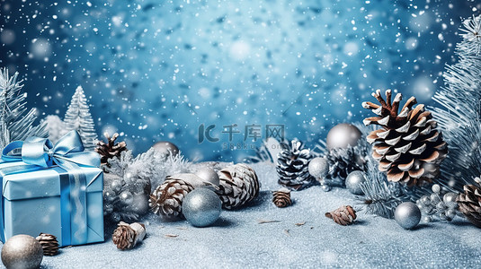 节日圣诞节背景与蓝色礼物和松果 3D 插图