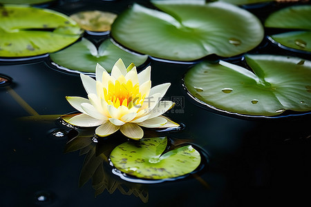 池塘背景图片_一朵黄色的花漂浮在湖面上