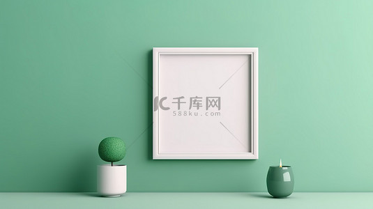 简约绿色方形边框背景图片_时尚的白色框架模型，带有绿色屏幕和简约风格的明亮墙壁背景